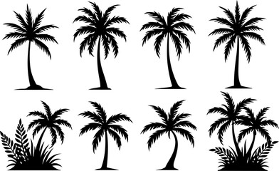 Desert & Tropical Plant Silhouette Set – Cactus, Palm Tree, and Succulent Icons vector bundle
