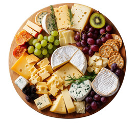 Gourmet cheese platter with various cheese types grapes crackers and fruits presented on wooden board transparent