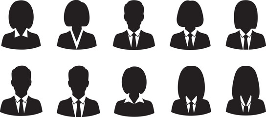 Black silhouette icons of business people in suits and ties, silhouette, business, people, icon, man, woman, suit, tie, collar, shirt, professional, avatar, profile, headshot, portrait, graphic, vecto