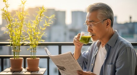 Mature man sipping green tea while reading a newspaper on a balcony with bamboo plants. Ideal for morning routine and wellness lifestyle themes.