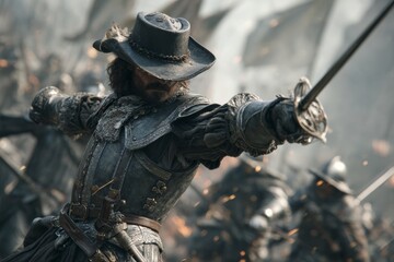 A determined musketeer charges forward on the chaotic battlefield, sword drawn and glinting in the smoke-filled atmosphere, surrounded by a fierce clash with fellow soldiers