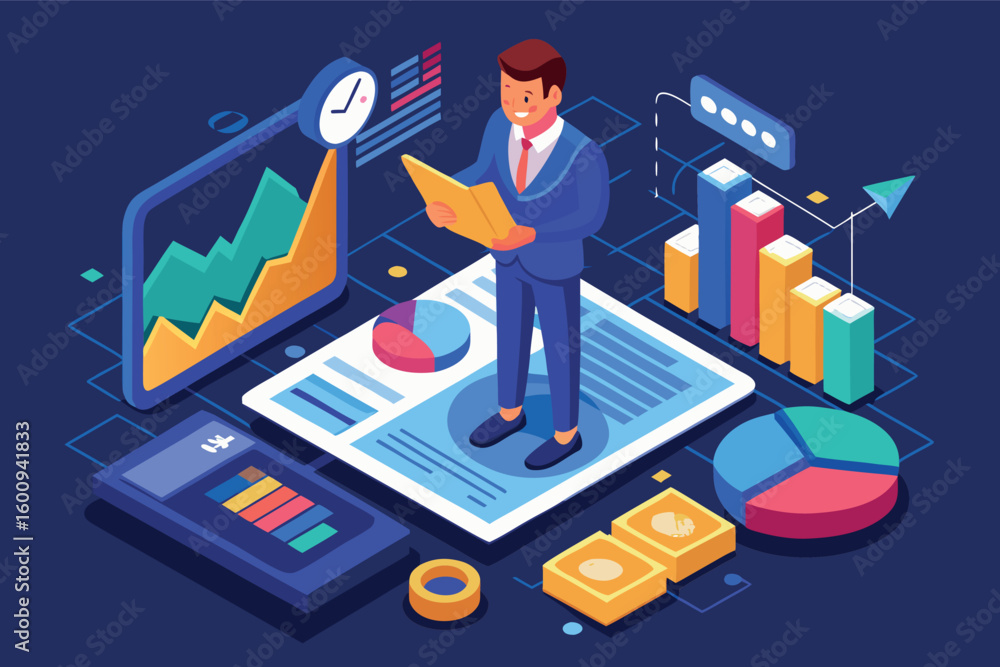 Poster business professional reviewing financial reports and data analysis in a modern office setting with 