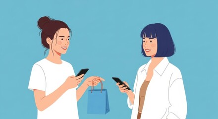 Obraz premium Two young women holding smartphones and a shopping bag interacting with technology in a casual setting