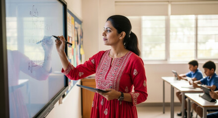 An Indian female teacher in a red kurti writes on an interactive whiteboard while holding a tablet, with students learning in the background. Ideal for education, technology, and diverse classroom.