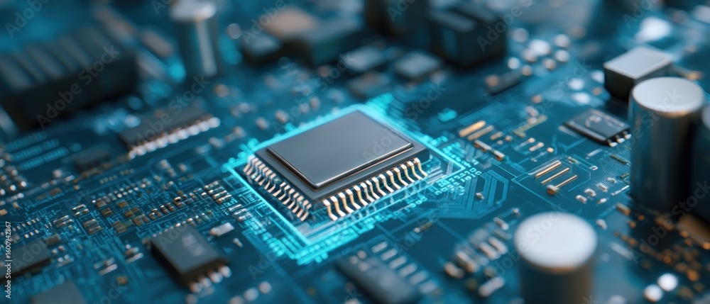 Poster high-tech microchip circuit board closeup