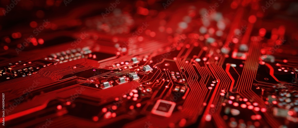 Aufkleber intricate red circuit board: a close-up view of electronic components and pathways