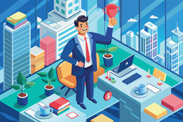 Business success celebration in a modern office with skyline view during the day