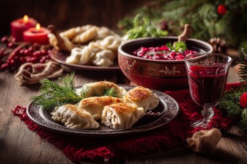 A beautifully arranged Polish Christmas table showcases traditional pierogi and borscht, surrounded by festive decorations. Candles flicker softly, enhancing the holiday spirit