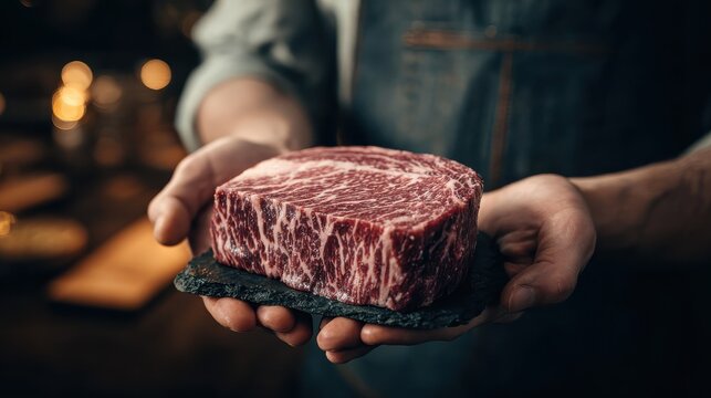Skilled butcher showcasing a prime, marbled Wagyu beef steak