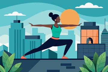 City skyline yoga practice during sunset promotes relaxation and mindfulness with vibrant urban backdrop