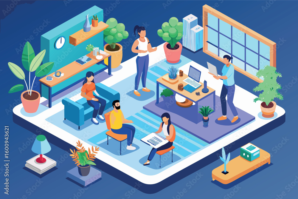 Poster modern workspace filled with plants and diverse individuals collaborating on projects in a vibrant s