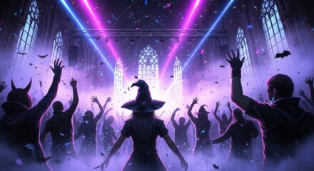 Witchy Nightclub Vibe with Dancing Figures and Neon Lights