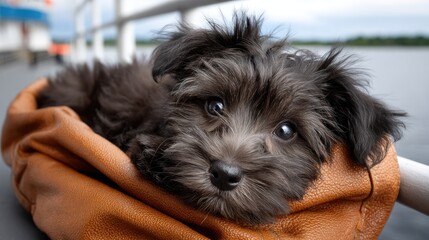Puppy with fluffy fur sits comfortably in a handbag on an ocean liner, looking curiously out at the blue sea under a bright sky