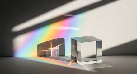Light dispersion with prism on plain white surface, creates beautiful rainbow effect in abstract design