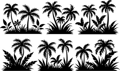 Fototapeta premium Desert & Tropical Plant Silhouette Set – Cactus, Palm Tree, and Succulent Icons vector bundle