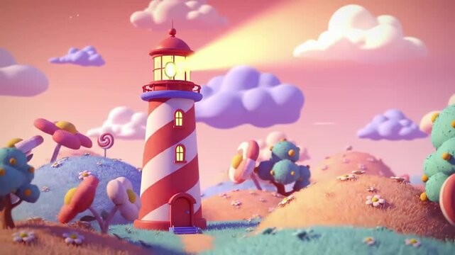Whimsical lighthouse a tower of light in a cartoon landscape under pastel clouds. Playful, atmosphere, 3d, sunset, lollypop, tree, montain. 