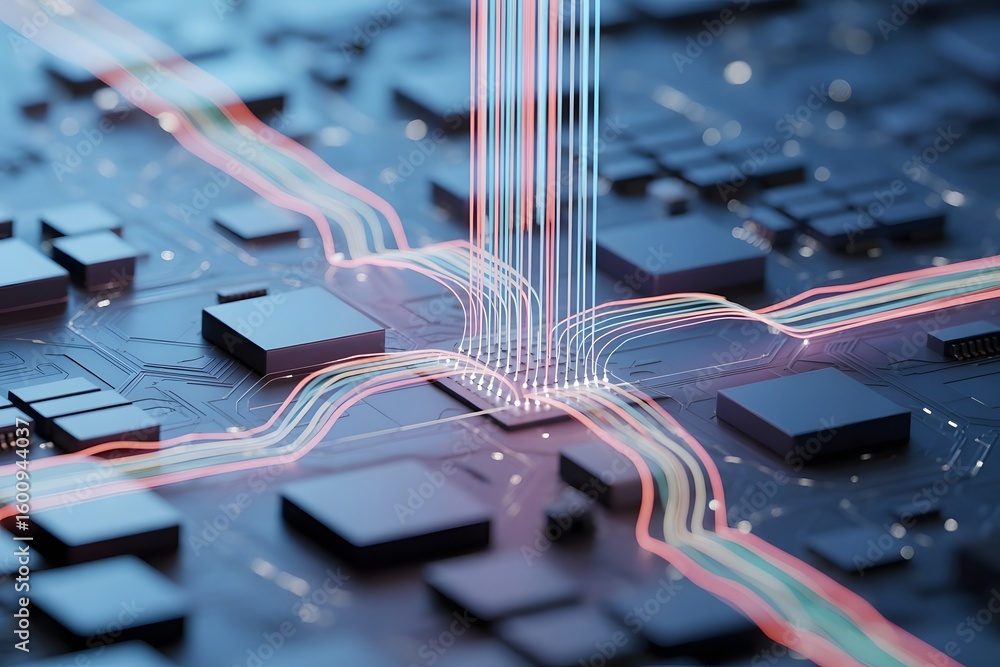 Aufkleber advanced technology circuit board with light data flow representing artificial intelligence quantum 