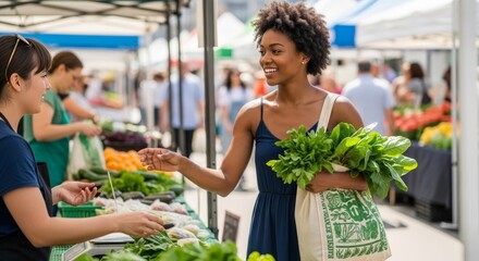 A smiling African American woman with curly hair, holding a reusable bag with fresh greens, interacting with a vendor at a vibrant outdoor farmers market.