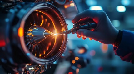 close-up of aerospace engineer using precision tools on jet engine part