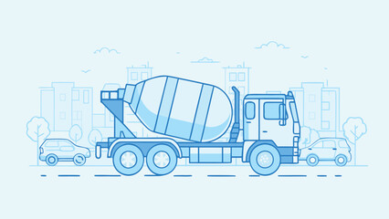 Illustration of a cement mixer truck on a city street with cars and buildings in the background scene