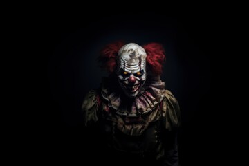 Portrait of a scary clown on a black background. Halloween. Halloween. Horror film. Halloween theme. Evil Clown. Horror movie Concept. Halloween Concept with Copy Space.