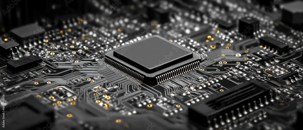Poster close-up of a microchip's intricate circuitry