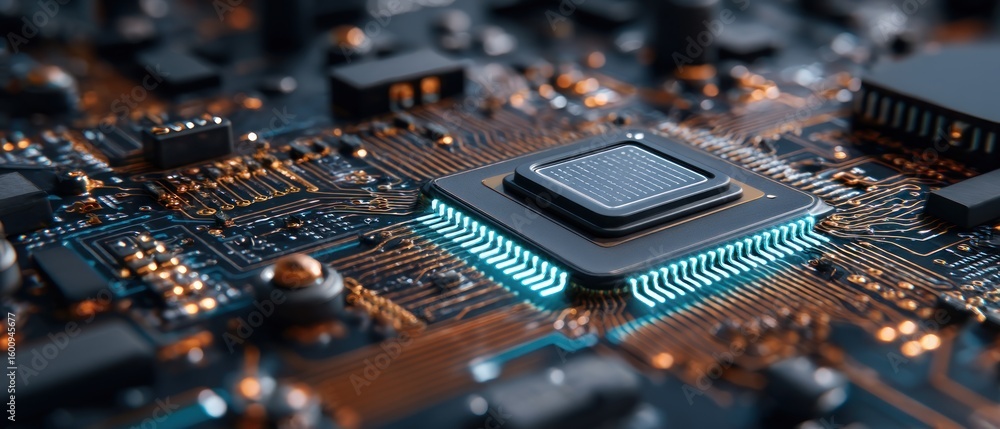 Poster close-up of a modern computer microchip, high-tech circuit board, digital technology