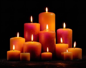 White and Brown Candles with Flickering Flames Casting Shadows on Dark Background – Warm and Serene Eye-Level Composition