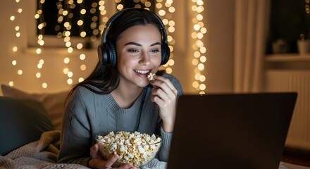 Woman Streaming Movie with Popcorn at Night
