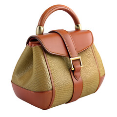 3D Render of Tan and Brown Leather Handbag with Gold Hardware Stylish Modern Design on transparent background