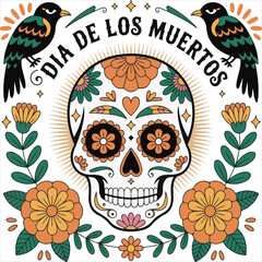 Decorative Sugar Skull with Floral and Folk Art Elements,Day of the Dead Skull Illustration with Flowers and Birds,Mexican Style Sugar Skull Vector with Ornamental Details,Colorful Folk Art Skull 