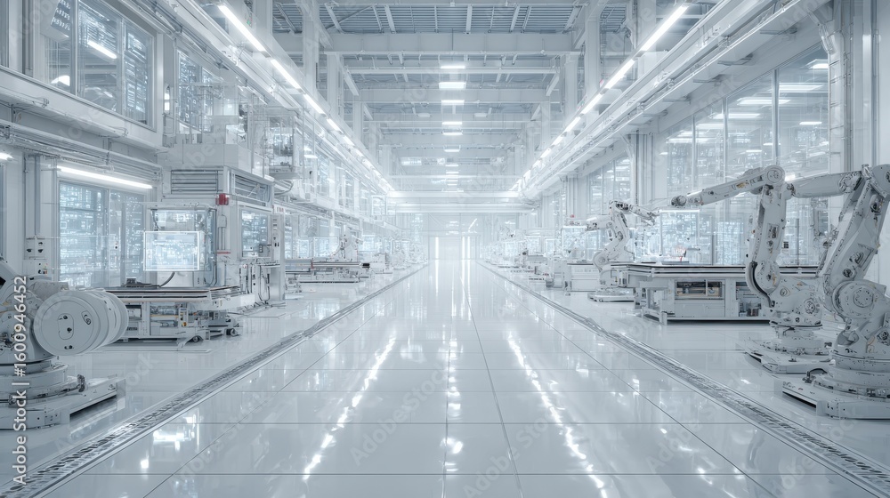 Poster a futuristic smart factory featuring ai, iot, and robotics in a minimalistic, bright light-toned set