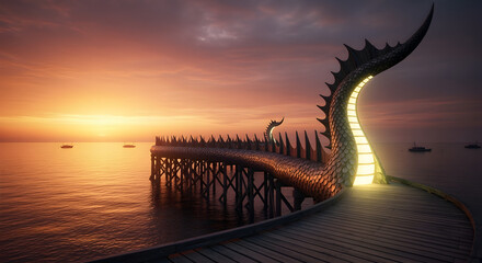 Enchanting Dragon Scale Pier Illuminated at Golden Hour Sunset Over Calm Ocean Waters, Fantasy Architecture Design
