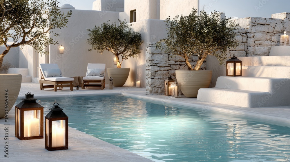 Poster luxurious poolside setting highlights a modernist home with olive trees and ambient lanterns in a tr