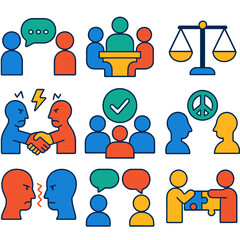 Conflict Resolution Icons. Flat vector icons of conflict resolution: calm conversation, mediation figure, balanced scale,