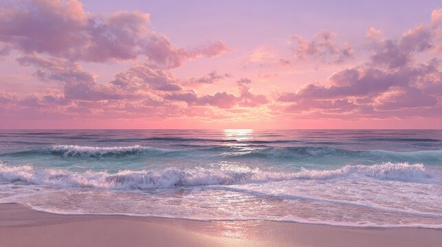 Tranquil beach scene with a soft, pink sunset over the ocean.