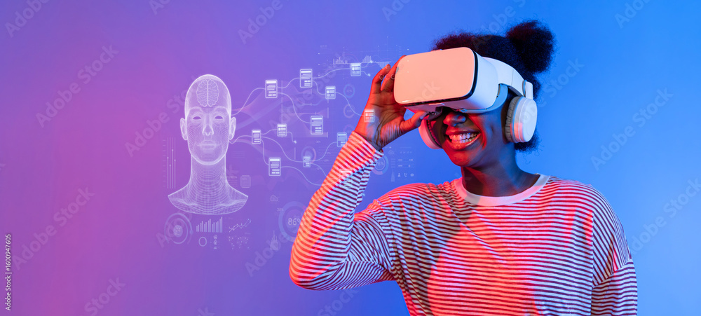 Poster a happy woman explores virtual reality with a headset, showcasing data visualization elements that r