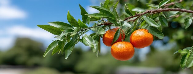 Three ripe oranges hang from lush green leaves against a bright blue sky, capturing a moment of natural beauty in an orchard