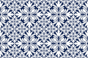 seamless pattern with blue flowers, damash on black background, symetry