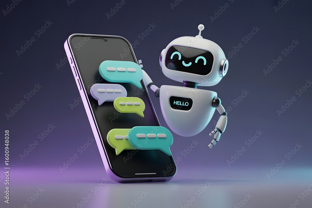 Poster friendly robot chatbot assisting with mobile communication and messaging providing support and engag