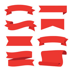 Vibrant Ribbon Icons. Flat vector icons of red banner ribbons: curved ribbon banner, straight ribbon strip, folded corner label,
