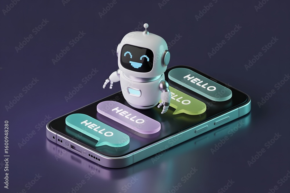Poster cute robot chatbot on smartphone with hello messages artificial intelligence and communication techn