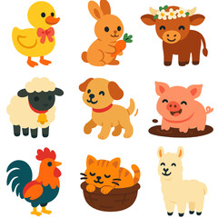 Cute Farm Animal Icons. Flat vector icons of cute farm and domestic animals: fluffy duck with bow, tiny bunny with carrot, calf