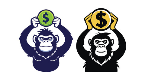Powerful Ape Silhouette Vector Holding Dollar Sign Above Head – Gorilla Money Graphic, Primate Wealth Clipart, Finance Animal Design for T-Shirts, Logos, Stickers, Digital Art