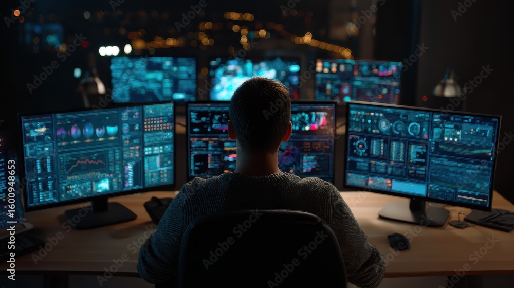 Aufkleber cybersecurity expert analyzing data on multiple screens in dark room