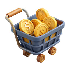 3D Shopping Cart Filled with Gold Coins Icon for E-commerce and Finance