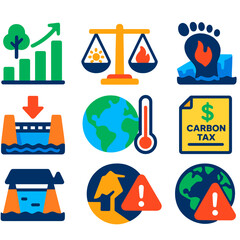 Climate Change Icons. Flat vector icons of climate change and environmental icons: forest recovery line chart, climate tipping