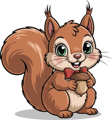 Cute cartoon squirrel vector illustration, adorable forest animal with nut for kids and autumn designs

