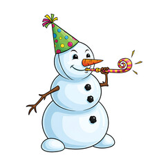 Cute Cartoon Snowman Wearing Party Hat Blowing Horn Festive Christmas Holiday Isolated Transparent PNG Image  