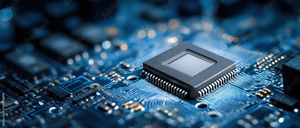 Poster high-tech microchip on circuit board: advanced technology close-up